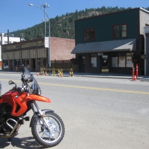 The F650GS looks out over Copper Street in the oldest incorporated city in Canada, Greenwood BC